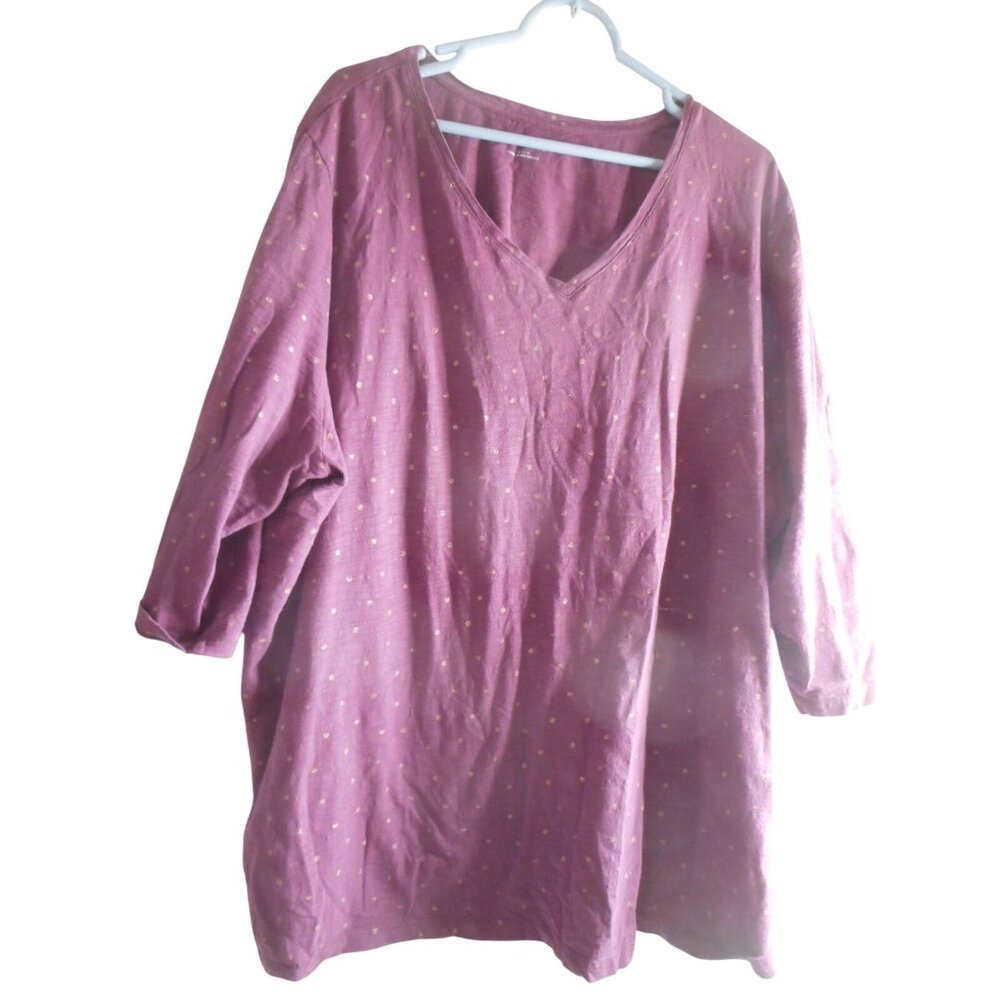 Catherines Size 3x  26/28 W Purple gold polka dot Print knit shirt 3/4 sleeve